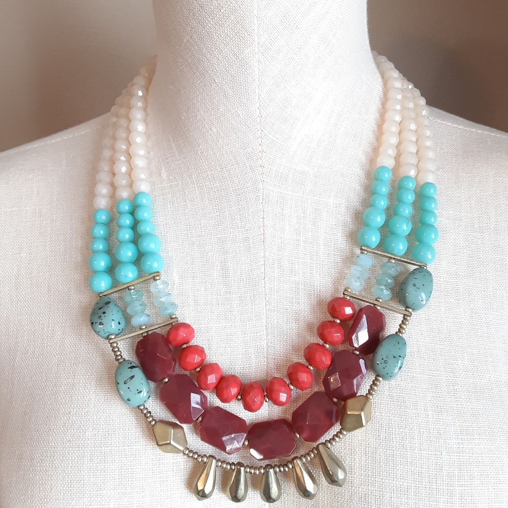 Boho Chic Multi Color (Coral Red Teal) Necklace